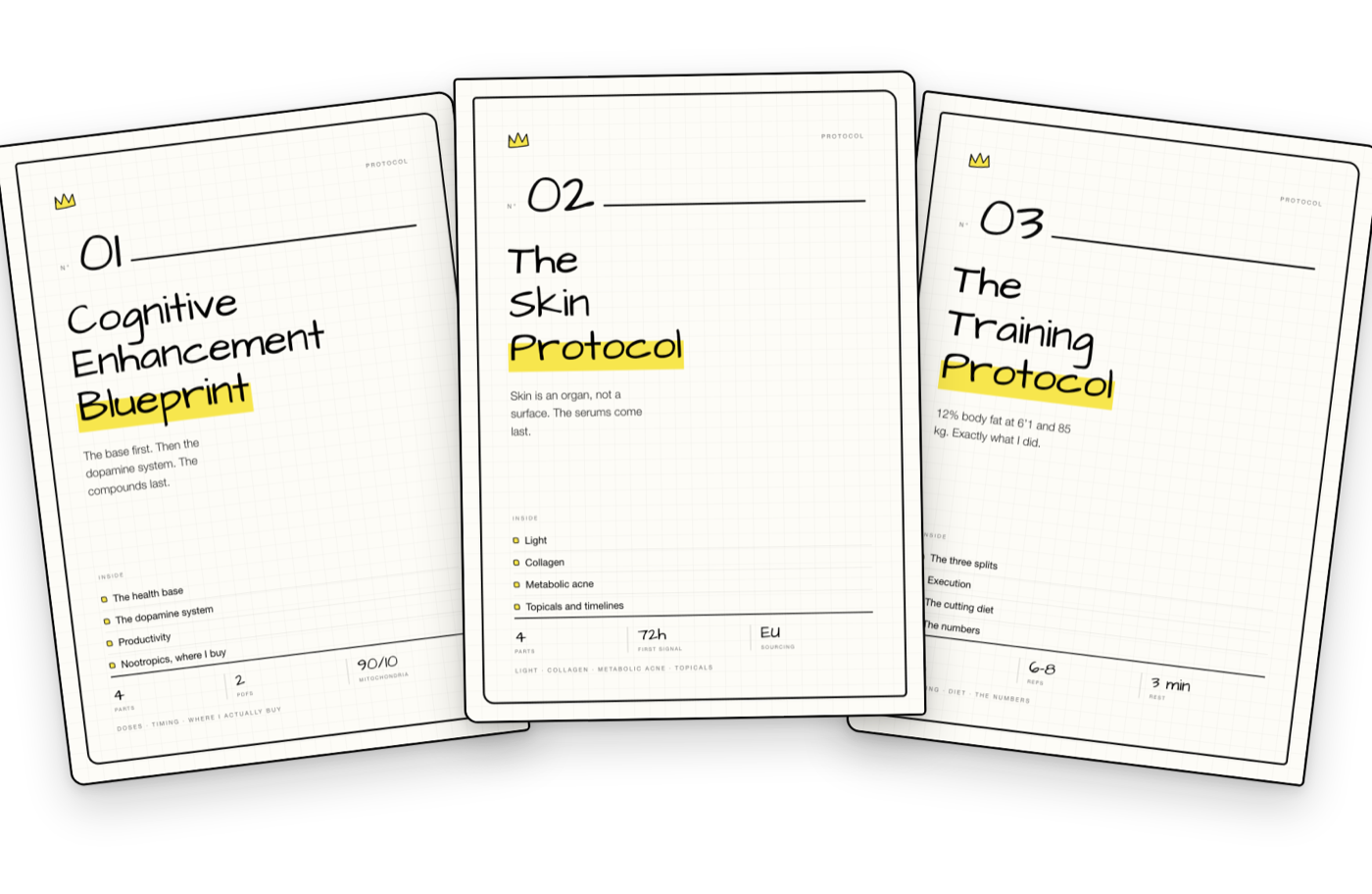 The three documents: Cognitive Enhancement Blueprint, The Skin Protocol, The Training Protocol